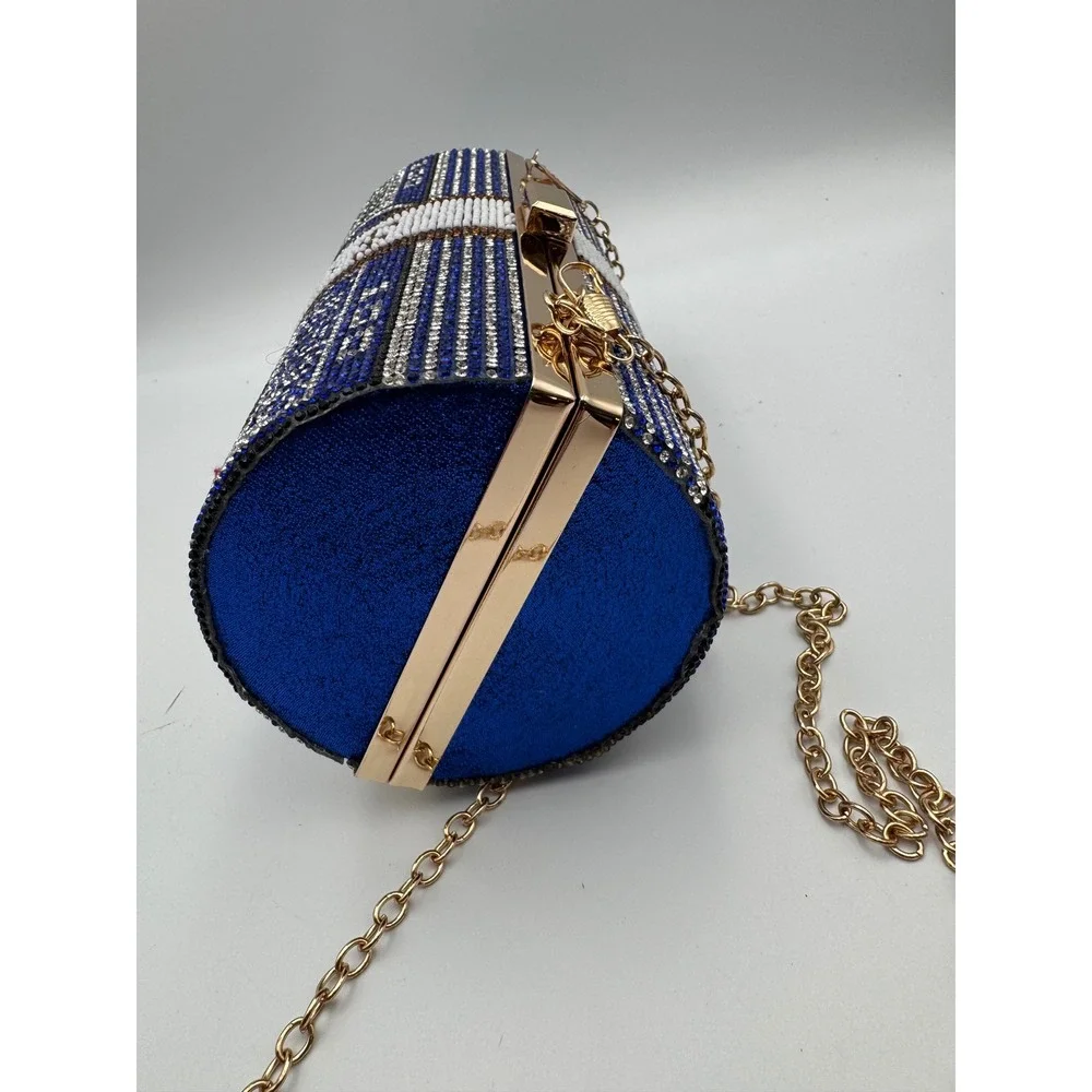 Rhinestone Money Roll Clutch Bag Blue‎ Gold Crystal Barrel Evening Purse